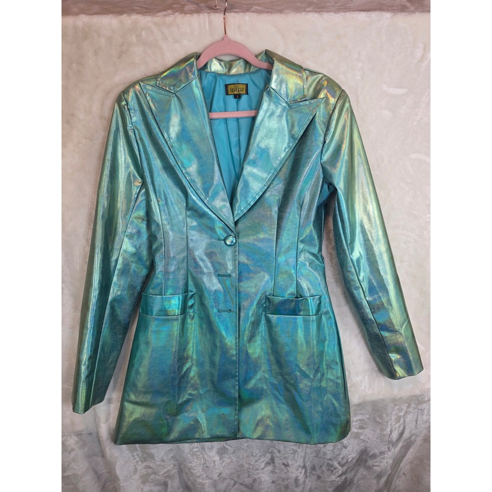 Love Highlight Iridescent Holographic Teal Faux Leather Blazer Jacket JK971 S